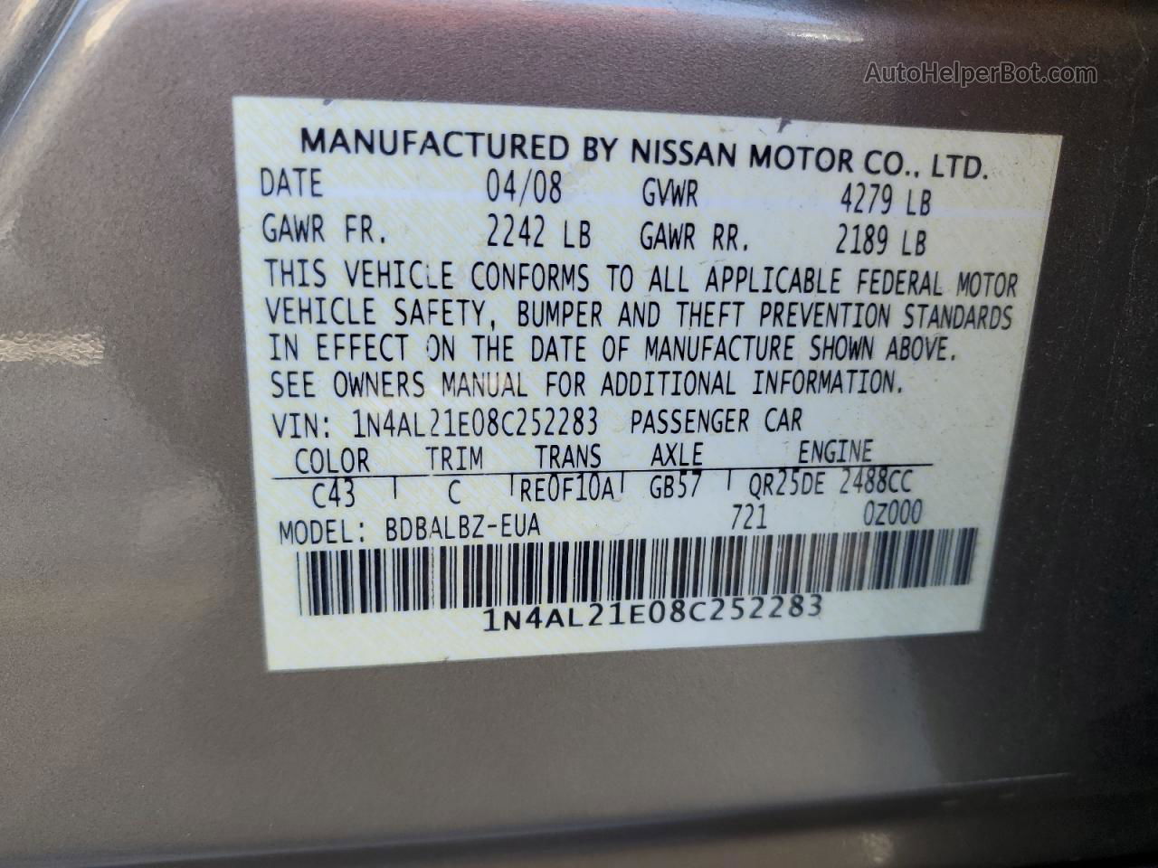 2008 Nissan Altima 2.5 Серебряный vin: 1N4AL21E08C252283