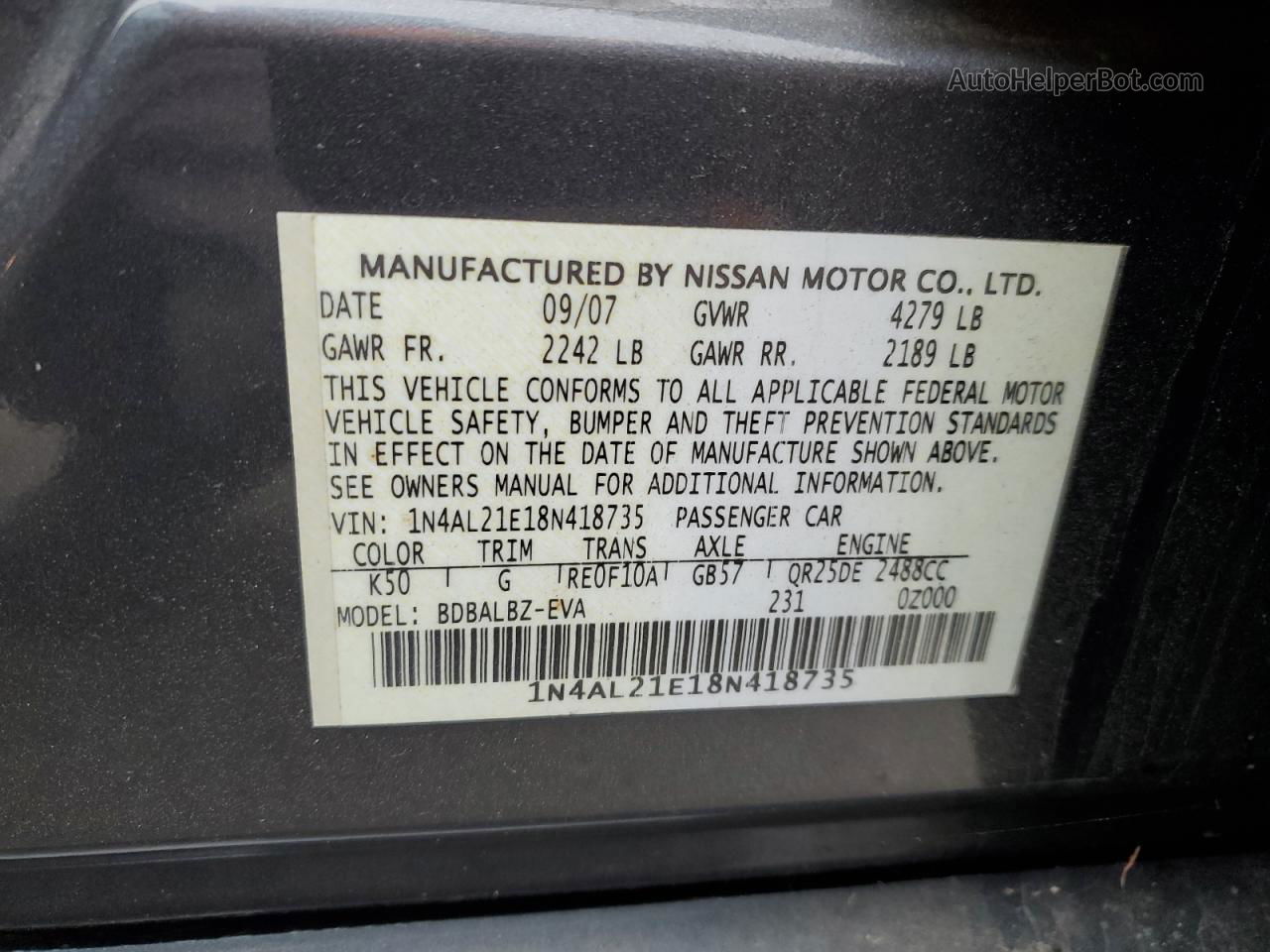 2008 Nissan Altima 2.5 Charcoal vin: 1N4AL21E18N418735