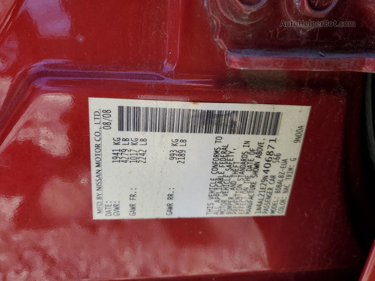 2009 Nissan Altima 2.5 Red vin: 1N4AL21E29N406871