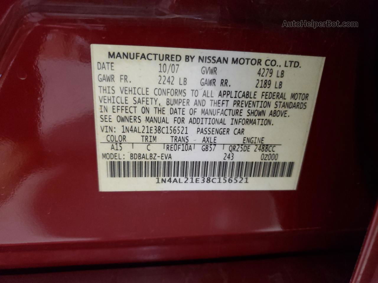 2008 Nissan Altima 2.5 Red vin: 1N4AL21E38C156521