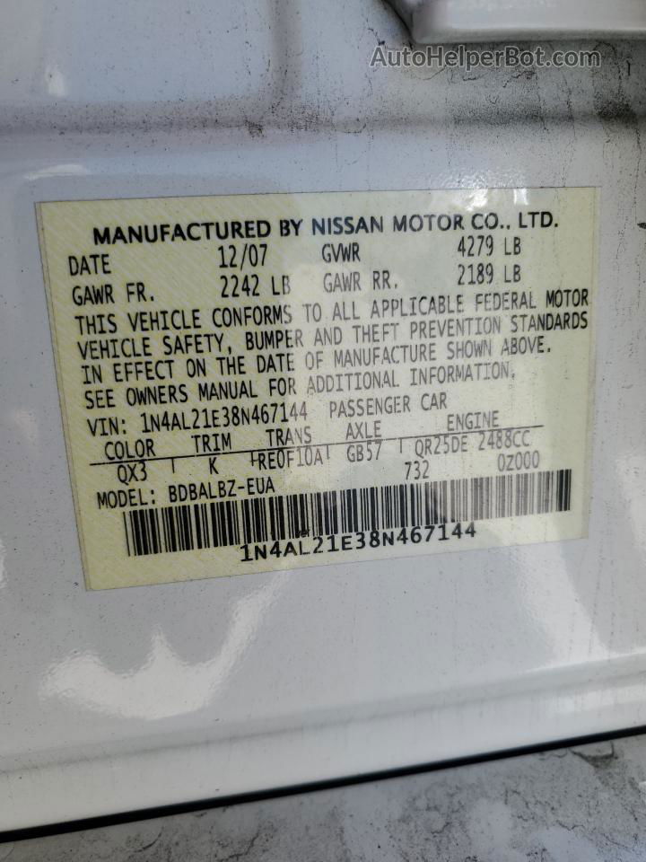 2008 Nissan Altima 2.5 White vin: 1N4AL21E38N467144