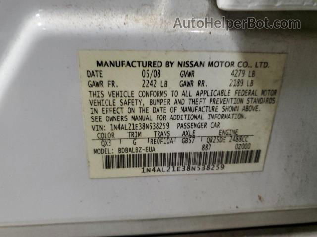 2008 Nissan Altima 2.5 White vin: 1N4AL21E38N538259