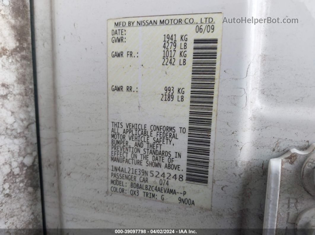 2009 Nissan Altima 2.5 S White vin: 1N4AL21E39N524248