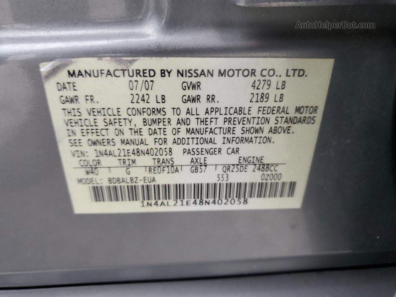 2008 Nissan Altima 2.5 Gray vin: 1N4AL21E48N402058