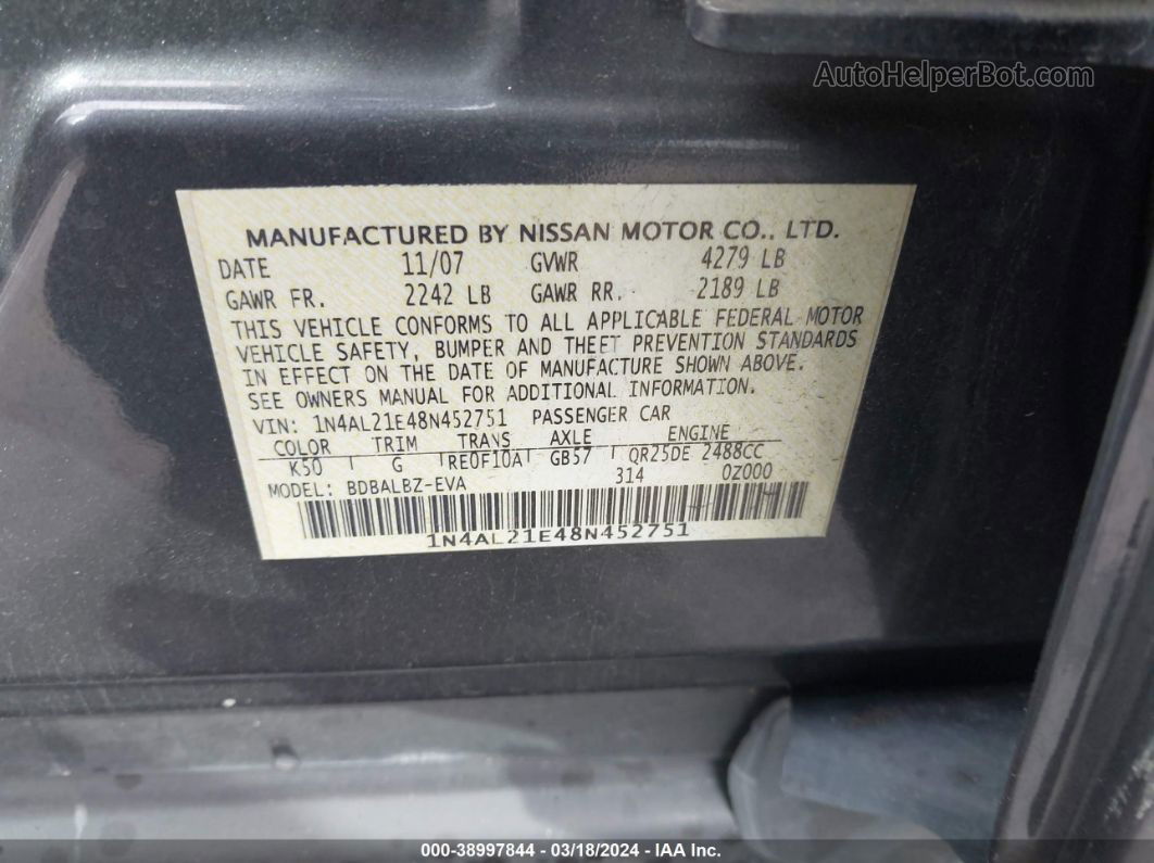 2008 Nissan Altima 2.5 S Gray vin: 1N4AL21E48N452751