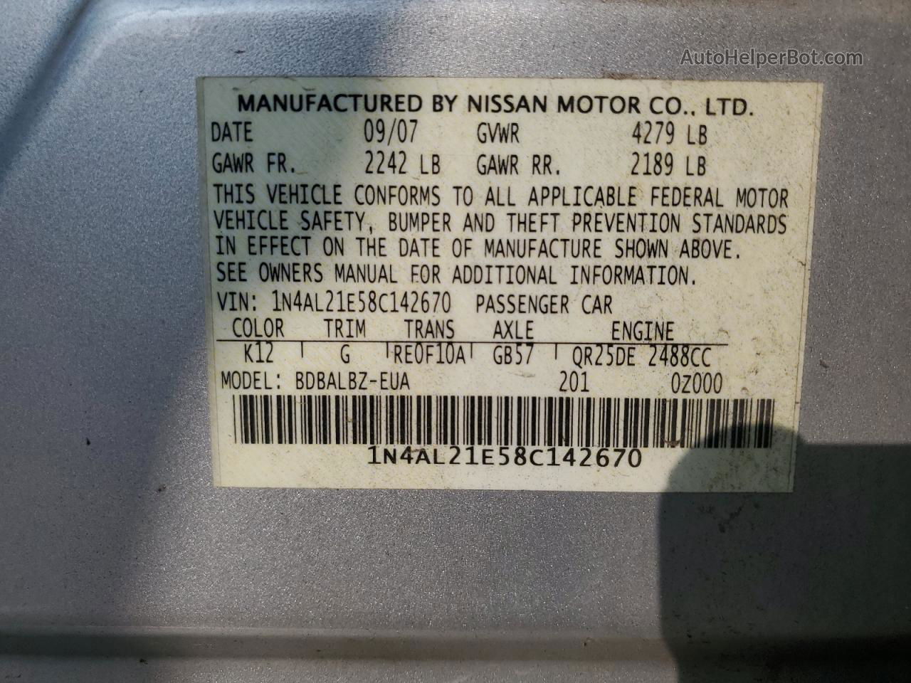 2008 Nissan Altima 2.5 Silver vin: 1N4AL21E58C142670