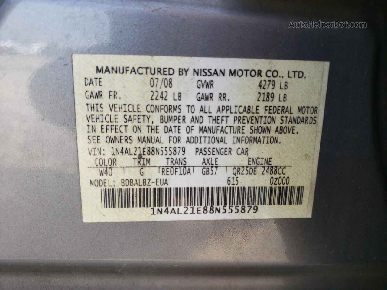 2008 Nissan Altima 2.5 Gray vin: 1N4AL21E88N555879