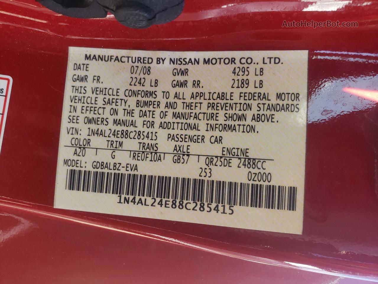 2008 Nissan Altima 2.5s Red vin: 1N4AL24E88C285415