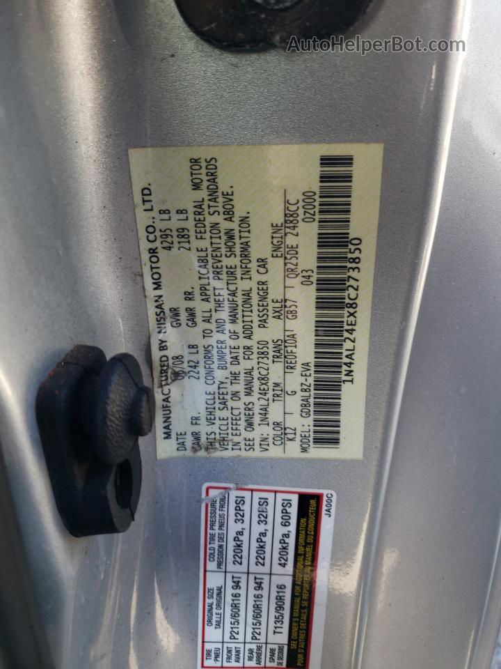 2008 Nissan Altima 2.5s Silver vin: 1N4AL24EX8C273850