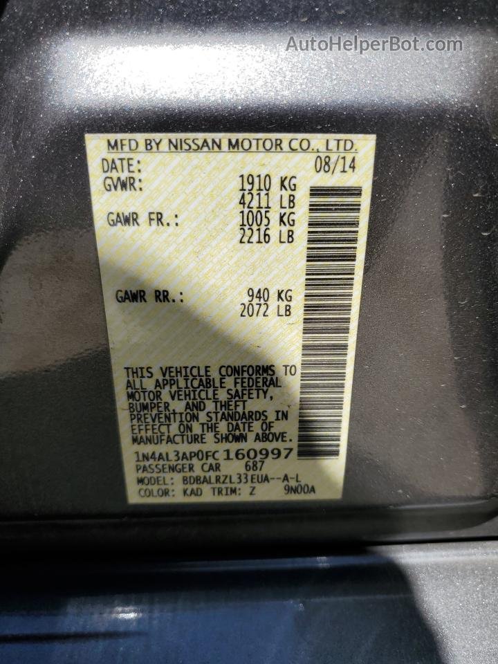 2015 Nissan Altima 2.5 Gray vin: 1N4AL3AP0FC160997
