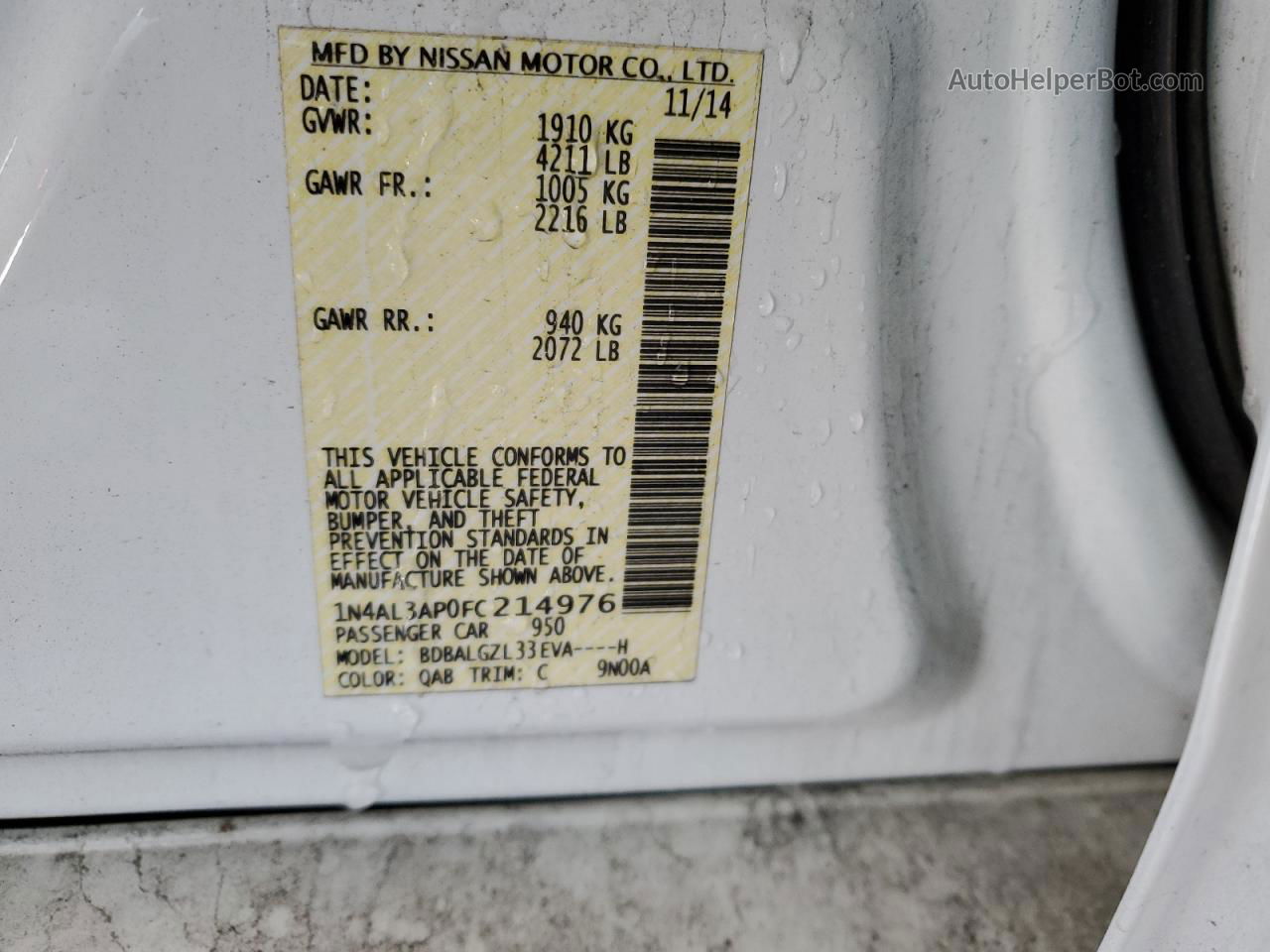 2015 Nissan Altima 2.5 Белый vin: 1N4AL3AP0FC214976