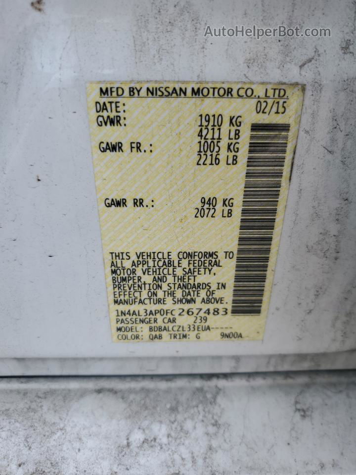 2015 Nissan Altima 2.5 White vin: 1N4AL3AP0FC267483