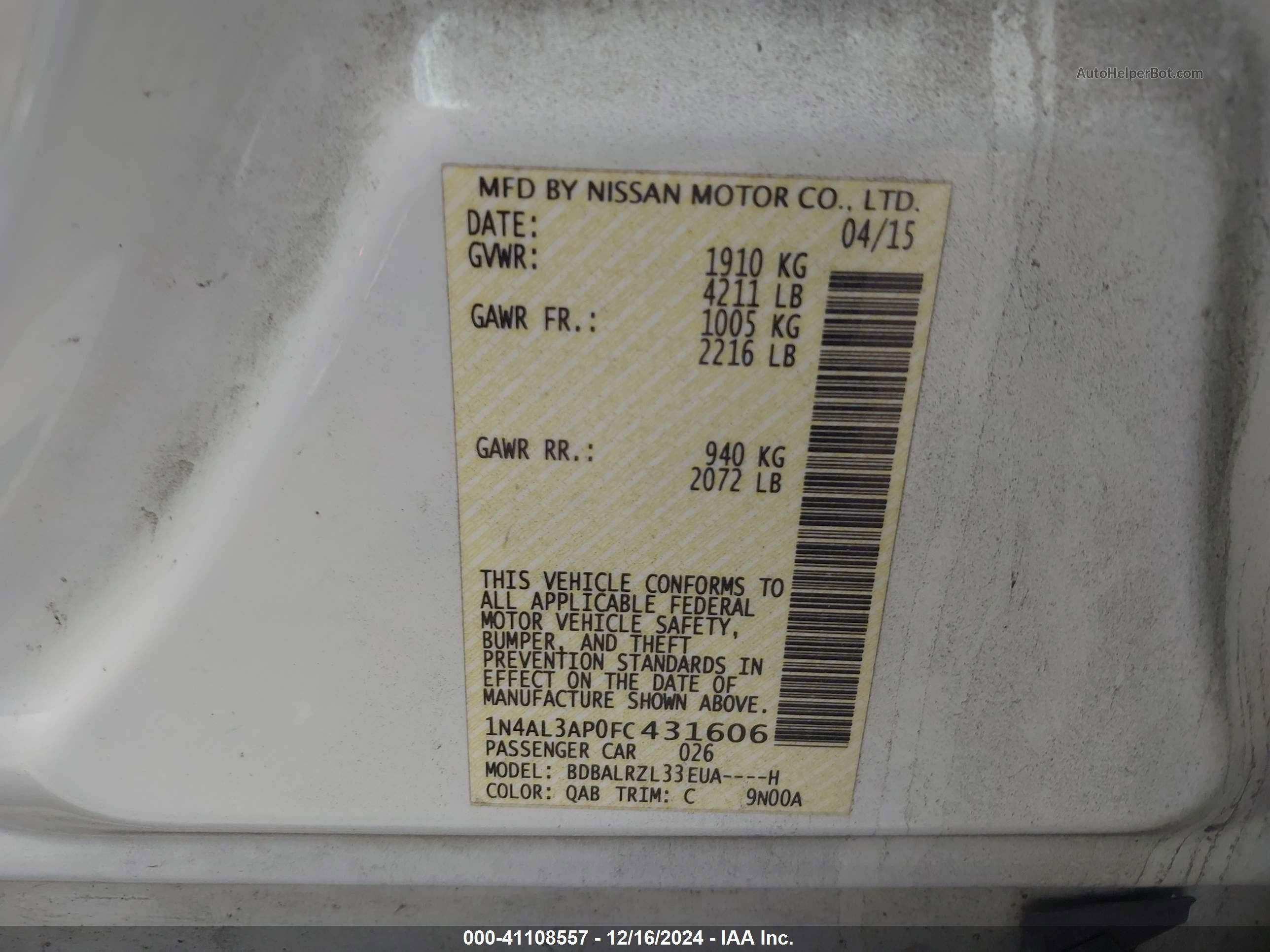 2015 Nissan Altima 2.5 Sl White vin: 1N4AL3AP0FC431606