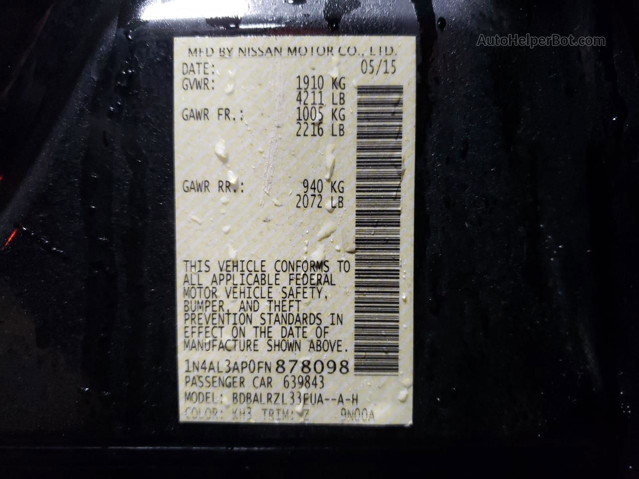 2015 Nissan Altima 2.5 Черный vin: 1N4AL3AP0FN878098