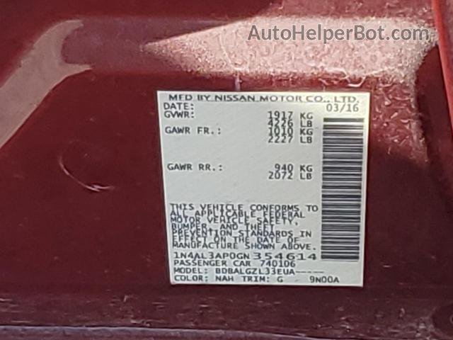 2016 Nissan Altima 2.5 Бордовый vin: 1N4AL3AP0GN354614