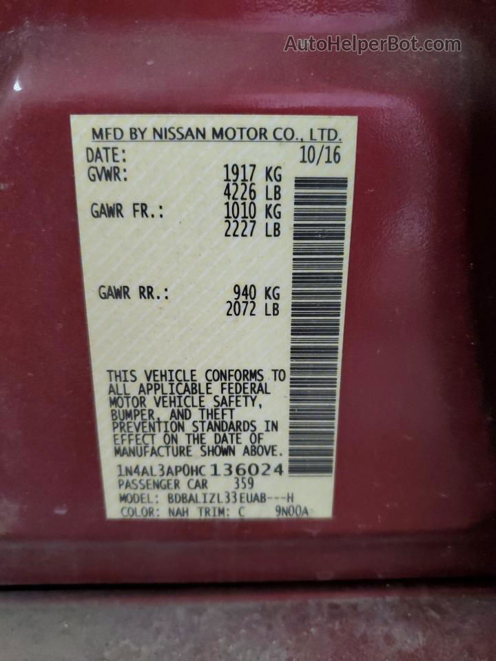 2017 Nissan Altima 2.5 Maroon vin: 1N4AL3AP0HC136024