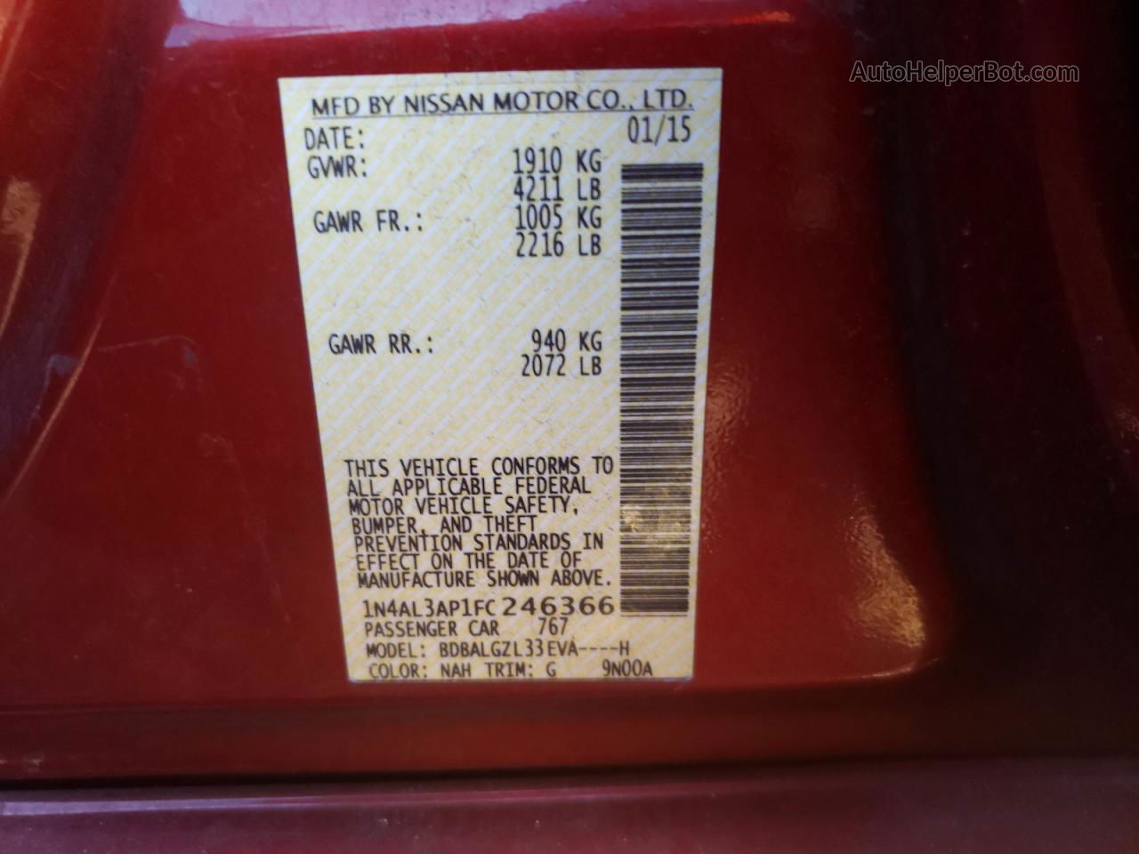 2015 Nissan Altima 2.5 Red vin: 1N4AL3AP1FC246366