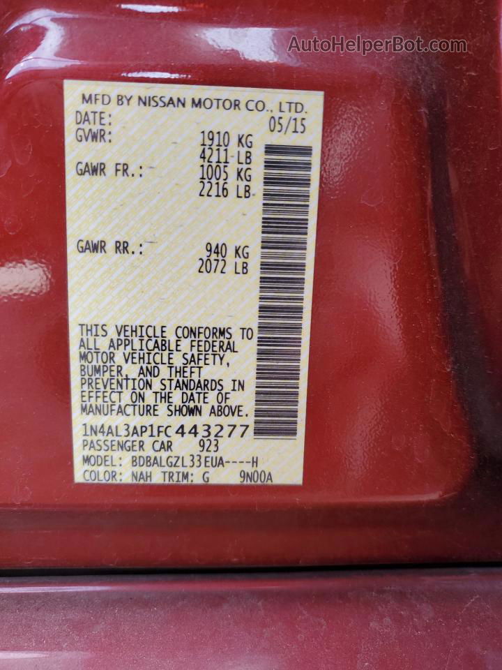 2015 Nissan Altima 2.5 Red vin: 1N4AL3AP1FC443277