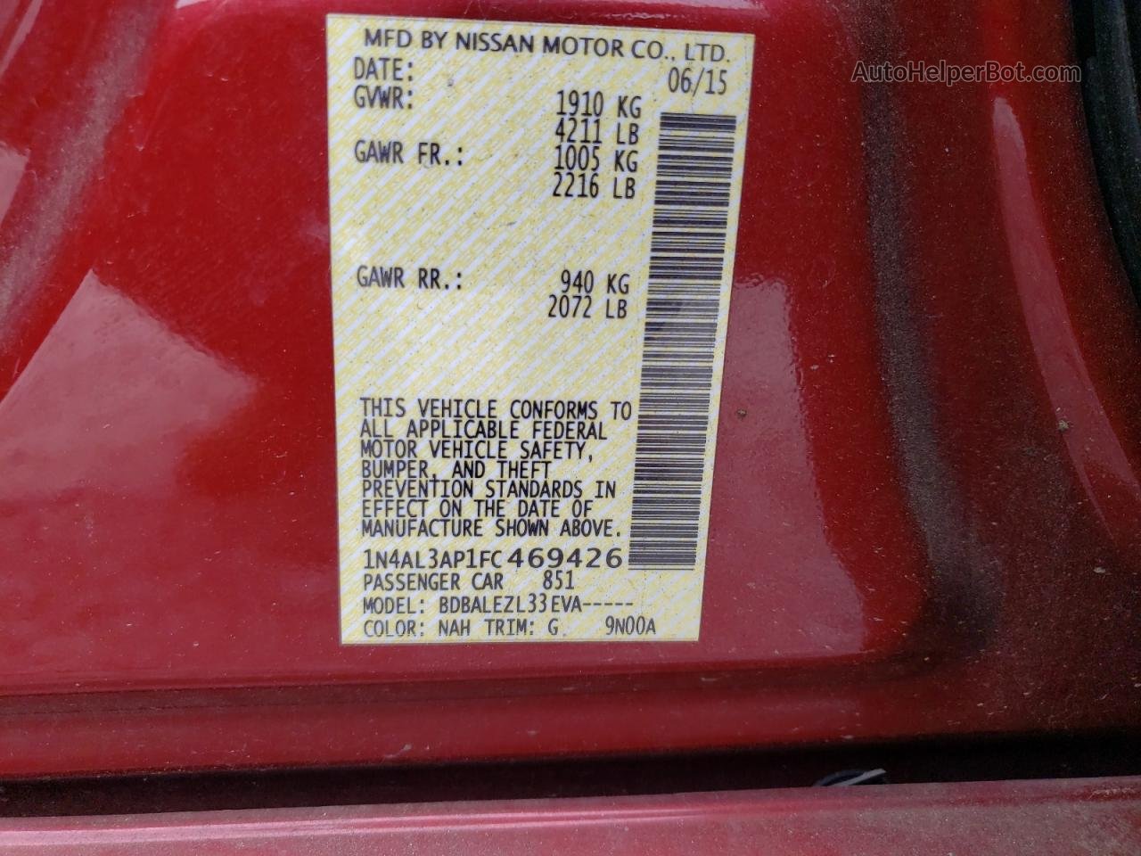 2015 Nissan Altima 2.5 Maroon vin: 1N4AL3AP1FC469426