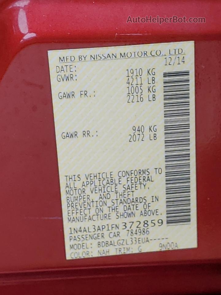 2015 Nissan Altima 2.5 Red vin: 1N4AL3AP1FN372859