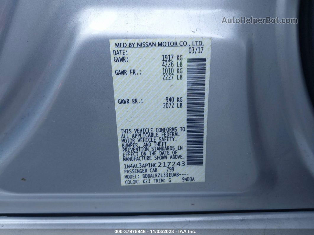 2017 Nissan Altima 2.5 Sl Silver vin: 1N4AL3AP1HC217243