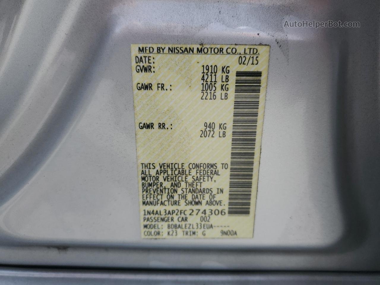 2015 Nissan Altima 2.5 Silver vin: 1N4AL3AP2FC274306