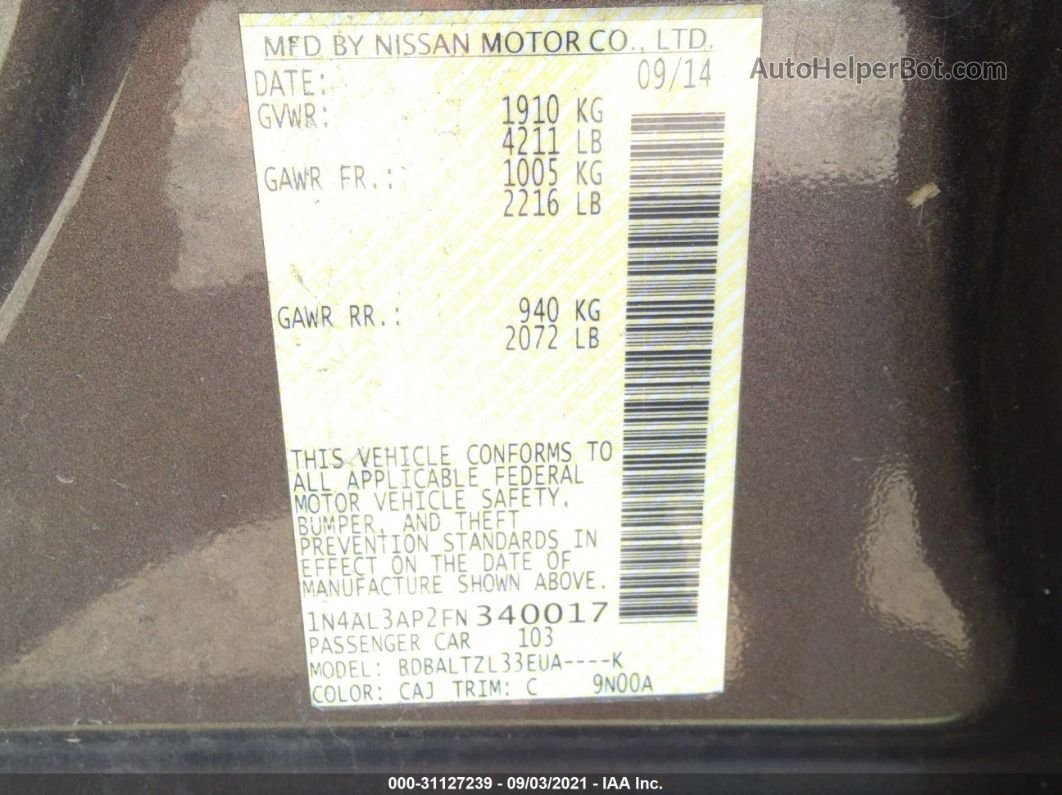2015 Nissan Altima 2.5 Sl Gray vin: 1N4AL3AP2FN340017