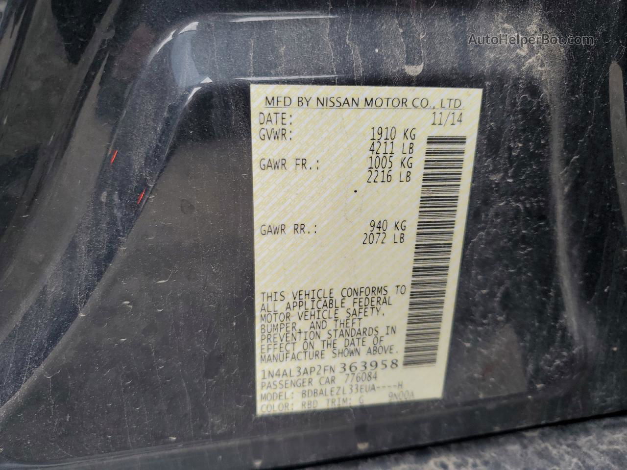 2015 Nissan Altima 2.5 Charcoal vin: 1N4AL3AP2FN363958