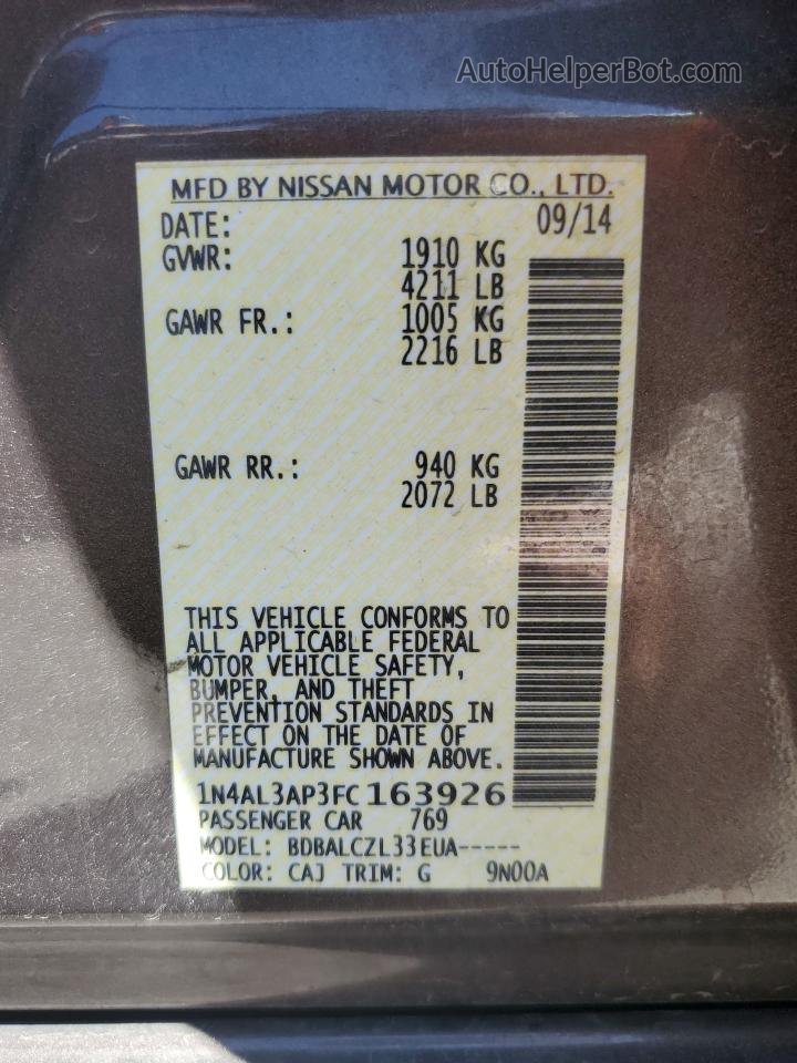 2015 Nissan Altima 2.5 Угольный vin: 1N4AL3AP3FC163926