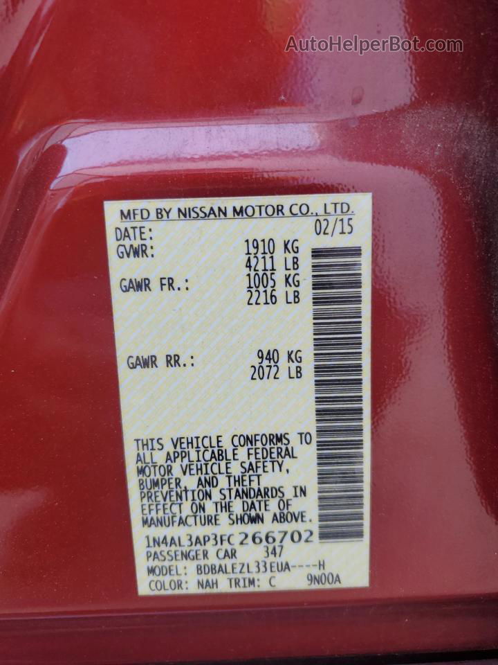 2015 Nissan Altima 2.5 Red vin: 1N4AL3AP3FC266702