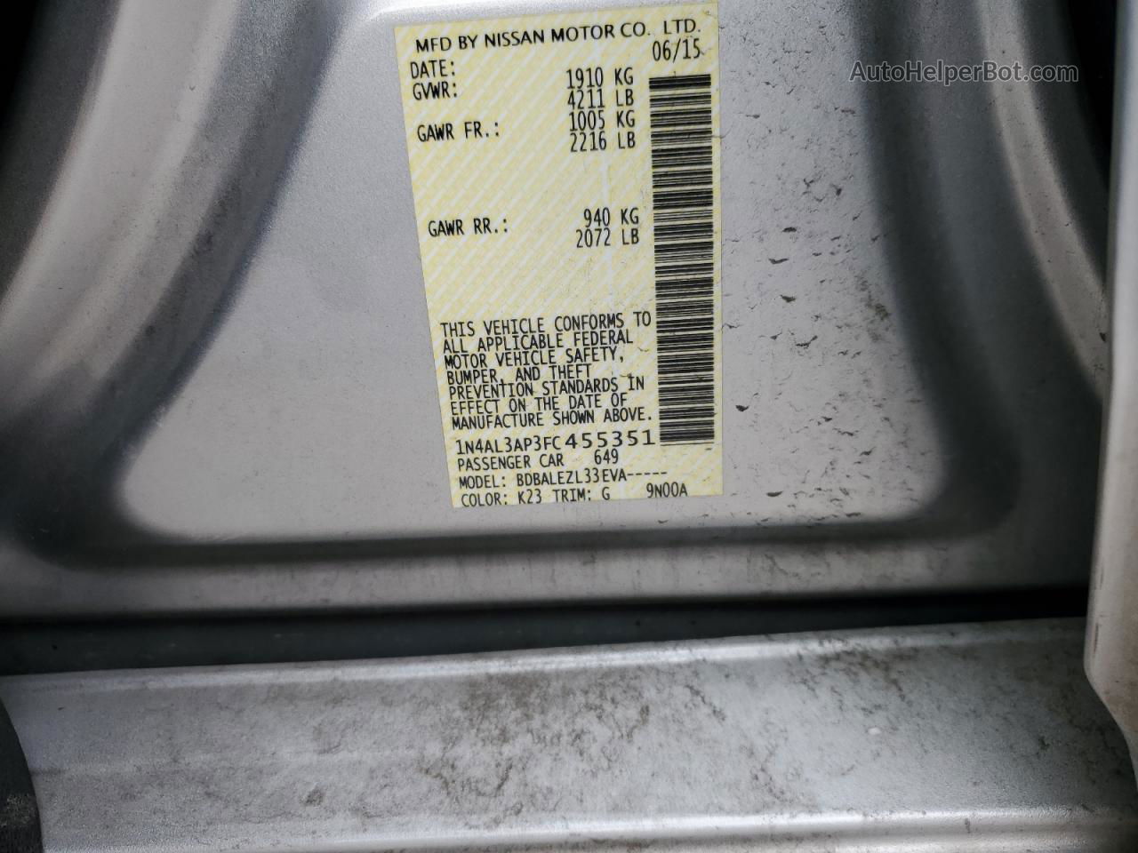 2015 Nissan Altima 2.5 Silver vin: 1N4AL3AP3FC455351