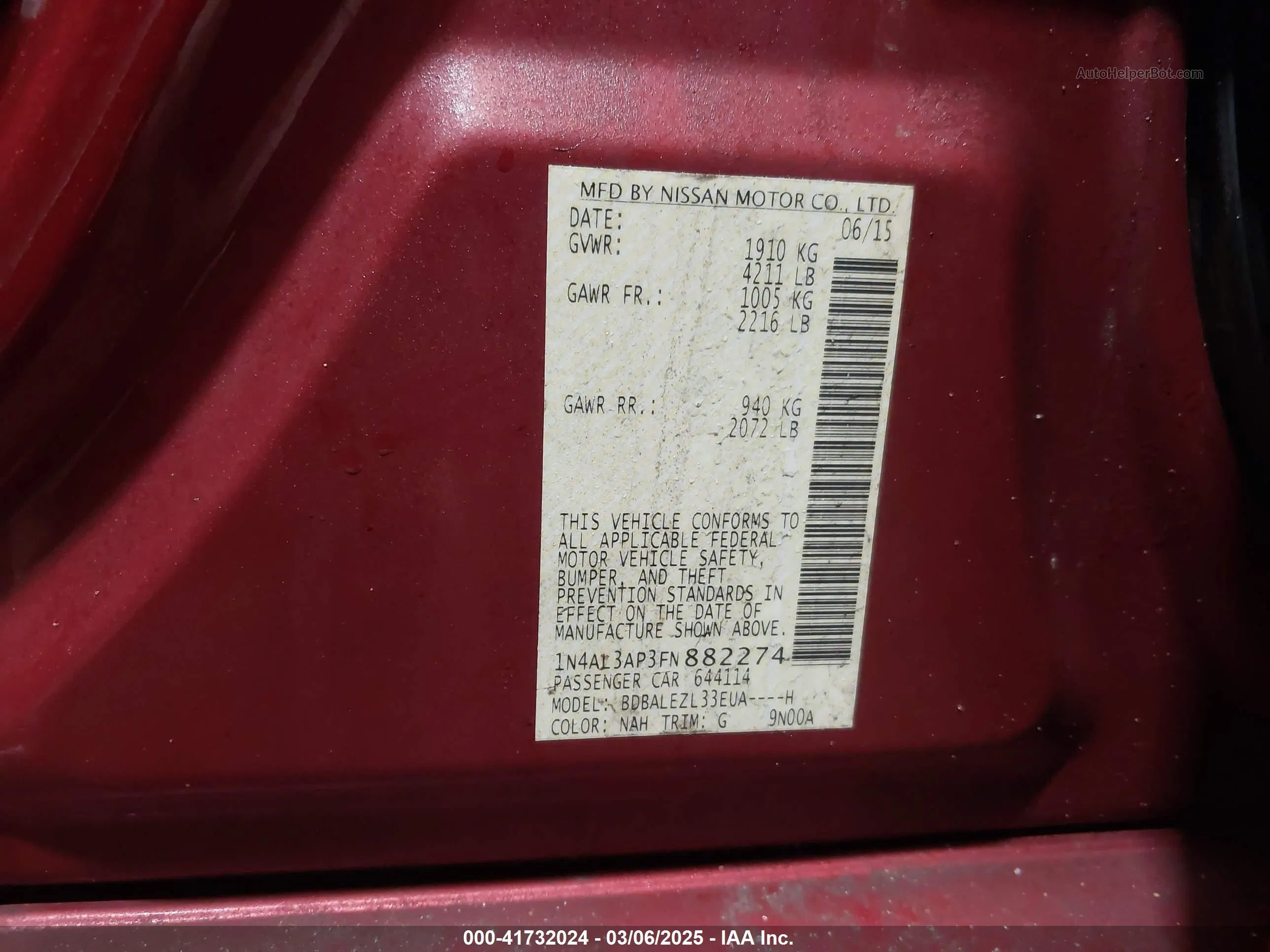 2015 Nissan Altima 2.5 S Red vin: 1N4AL3AP3FN882274