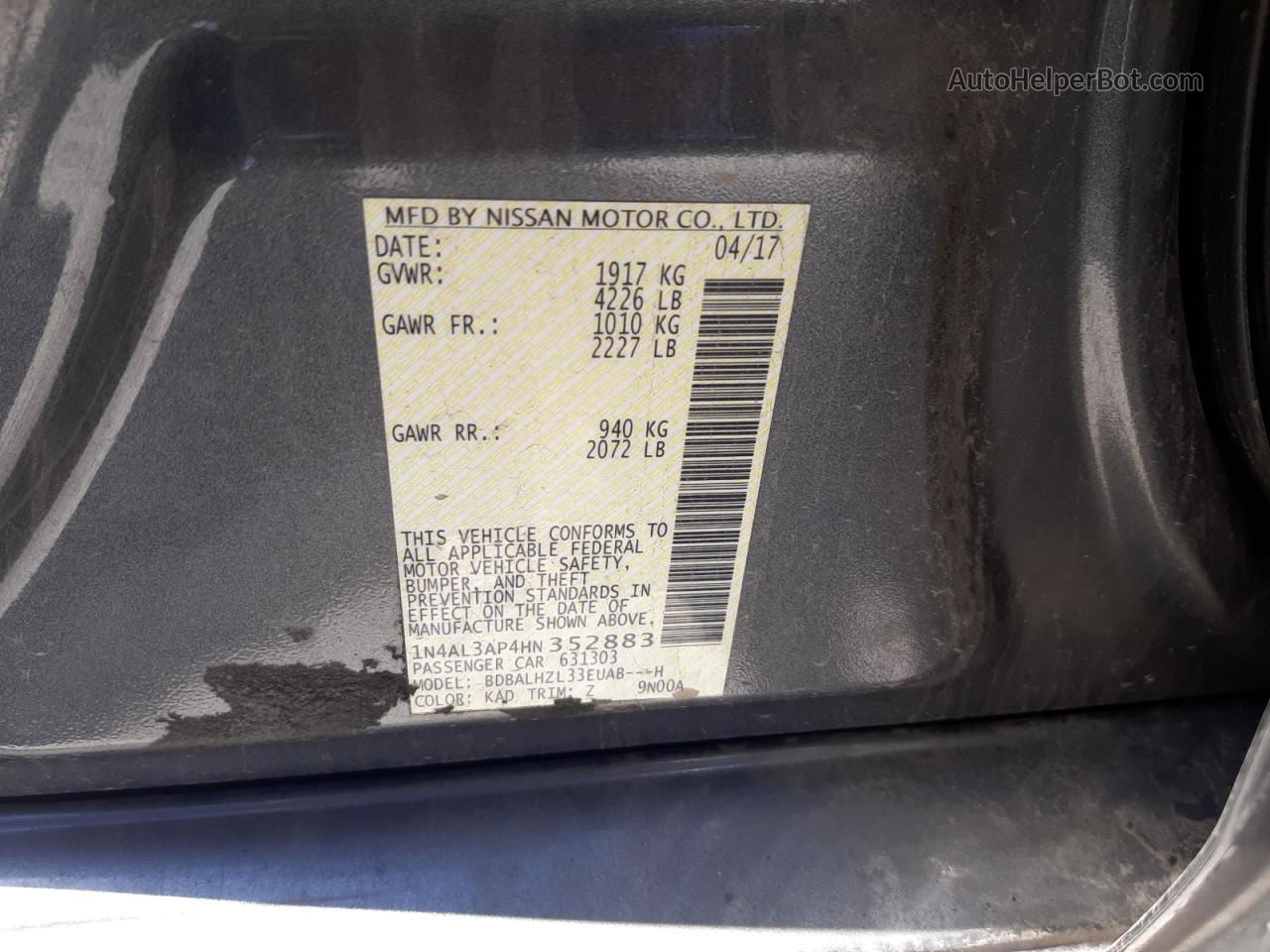 2017 Nissan Altima 2.5 Gray vin: 1N4AL3AP4HN352883