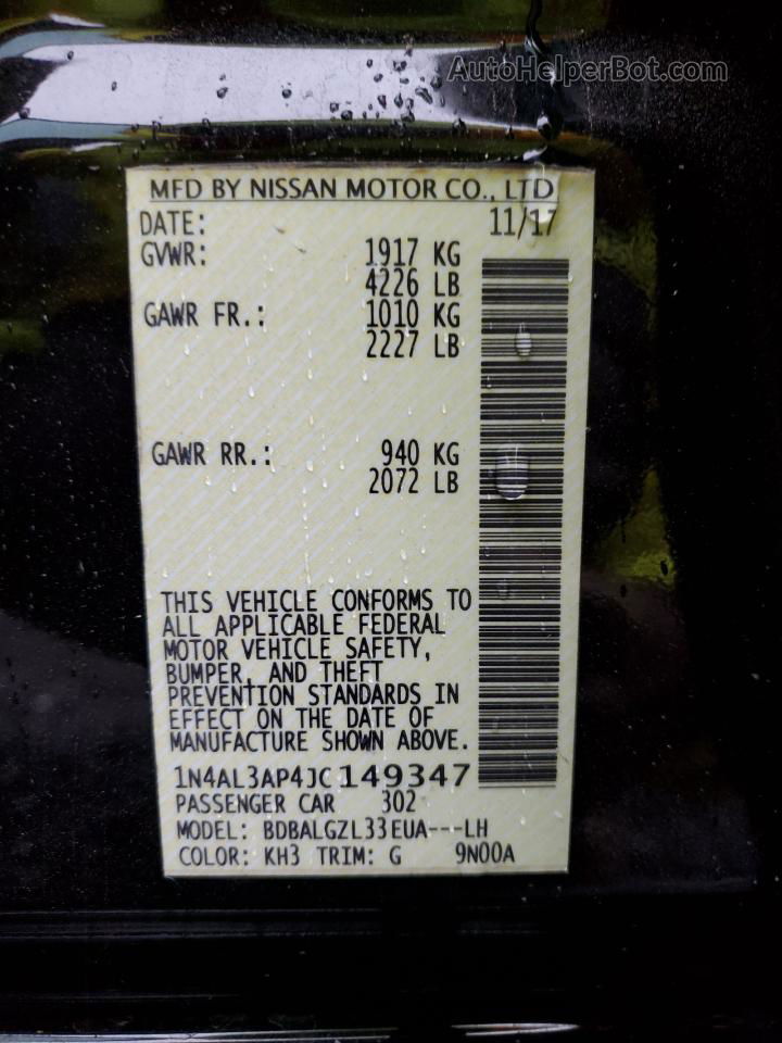 2018 Nissan Altima 2.5 Black vin: 1N4AL3AP4JC149347