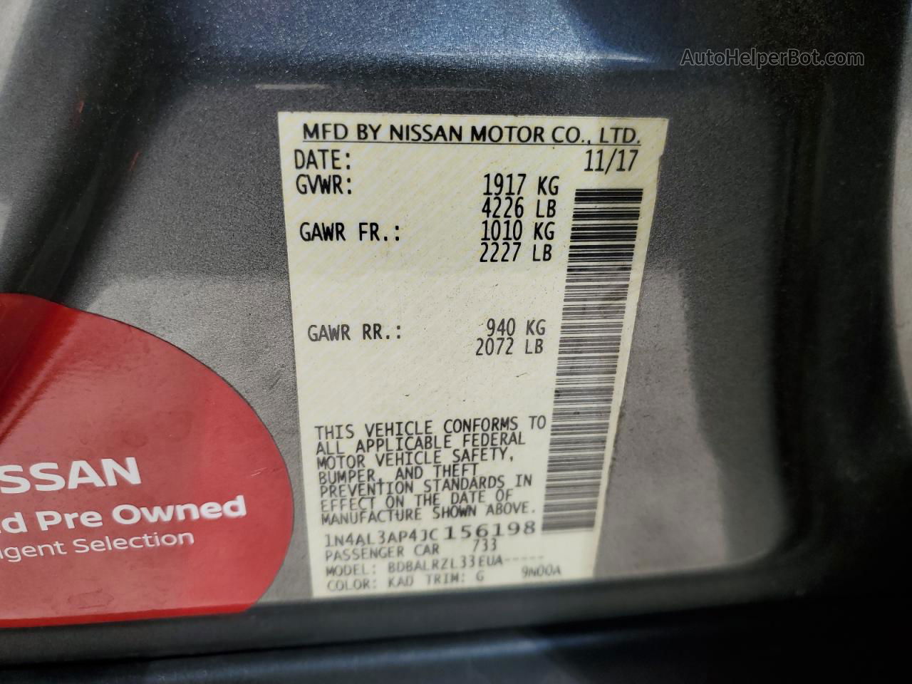 2018 Nissan Altima 2.5 Charcoal vin: 1N4AL3AP4JC156198