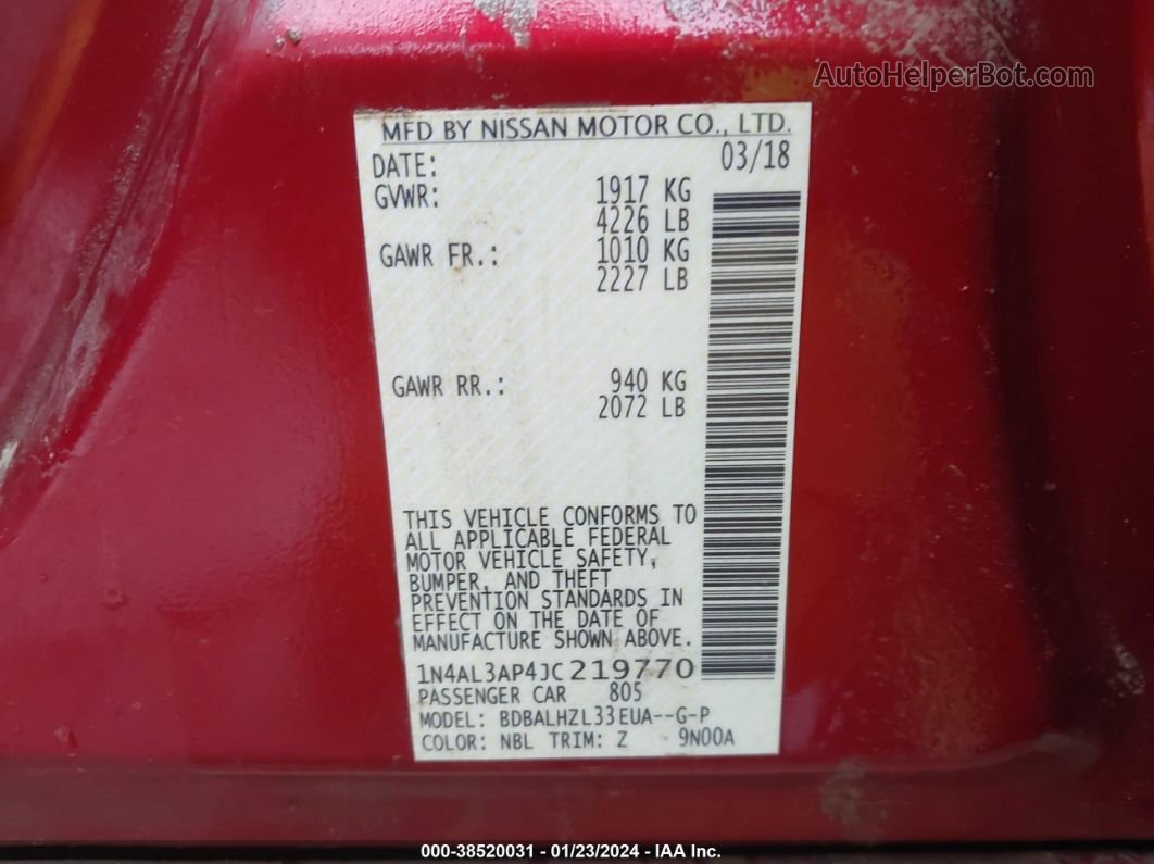 2018 Nissan Altima 2.5 Sr Red vin: 1N4AL3AP4JC219770