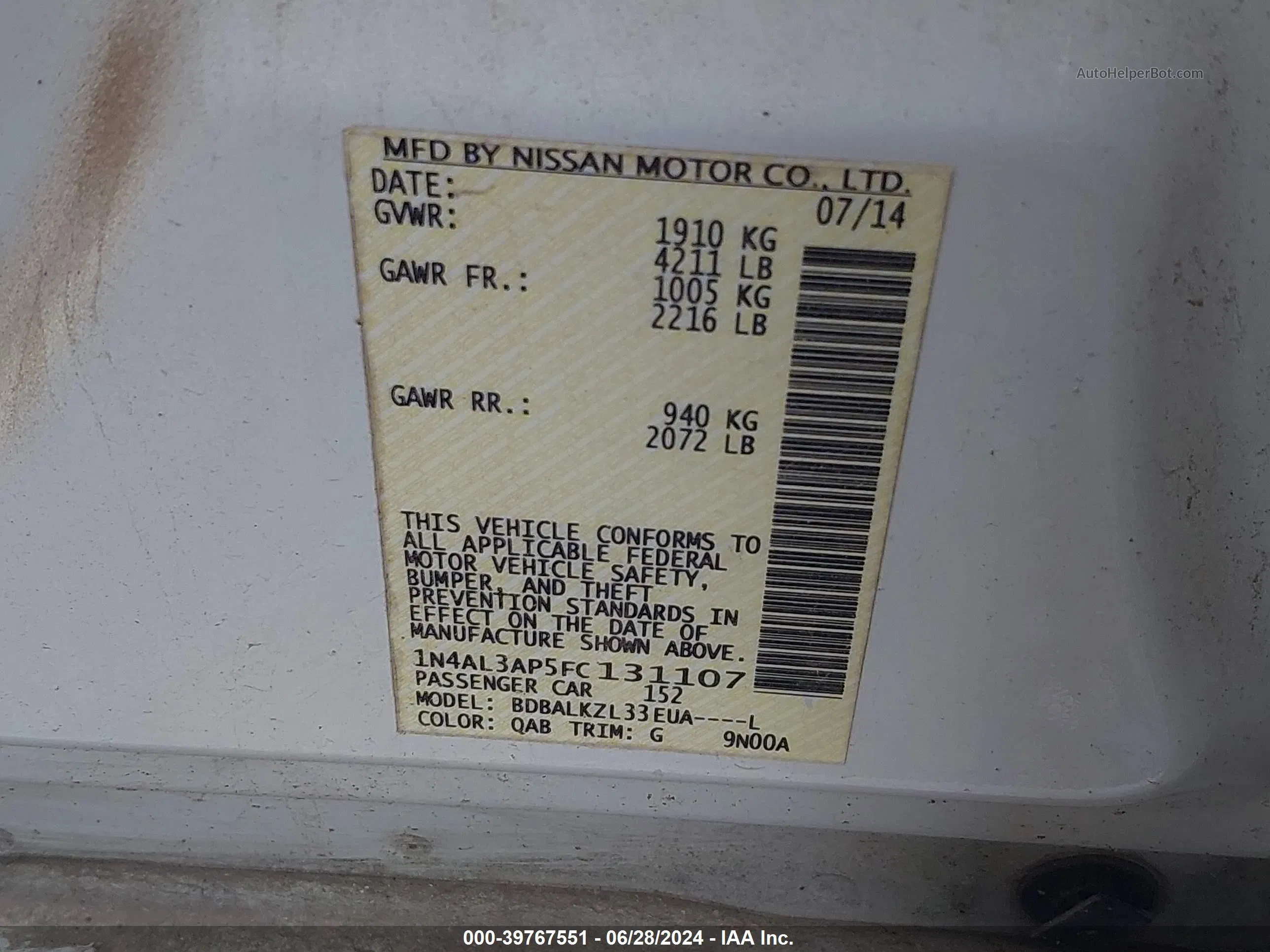 2015 Nissan Altima 2.5 Sv White vin: 1N4AL3AP5FC131107