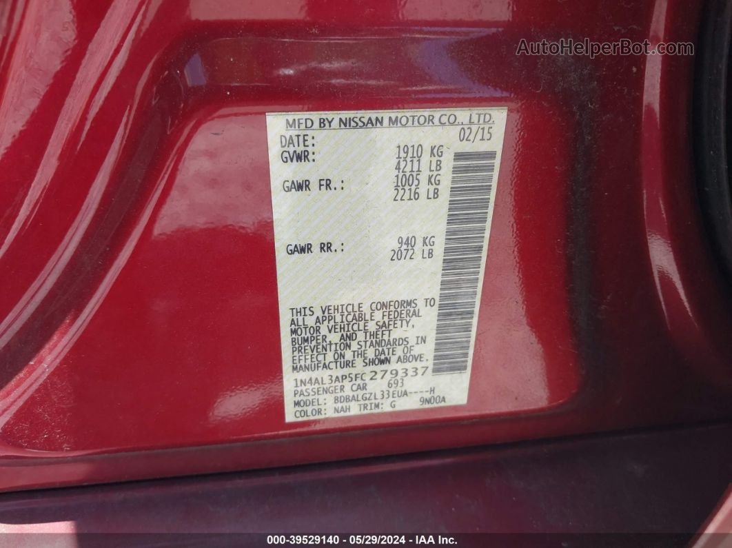2015 Nissan Altima 2.5 S Red vin: 1N4AL3AP5FC279337