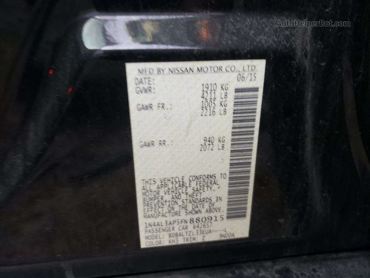 2015 Nissan Altima 2.5 Black vin: 1N4AL3AP5FN880915
