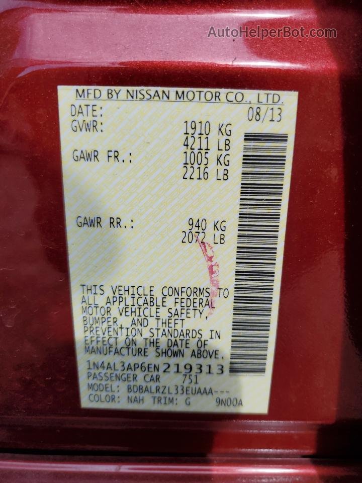 2014 Nissan Altima 2.5 Maroon vin: 1N4AL3AP6EN219313