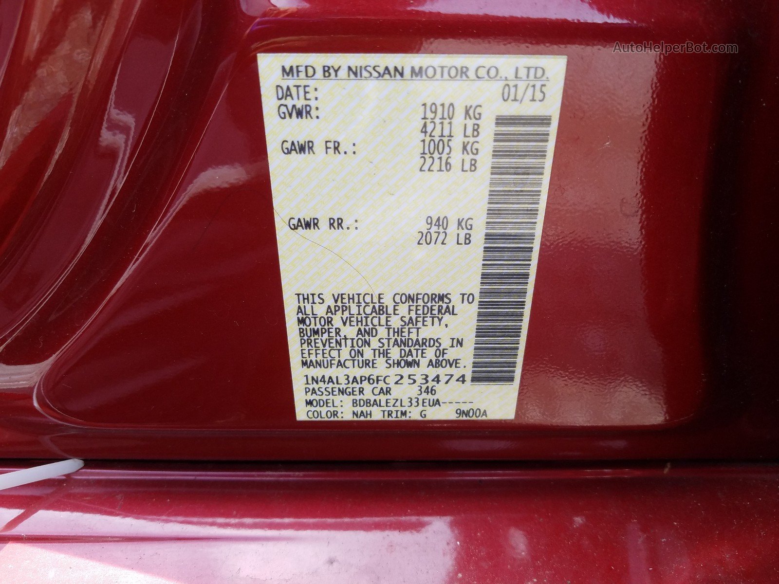 2015 Nissan Altima 2.5 Maroon vin: 1N4AL3AP6FC253474