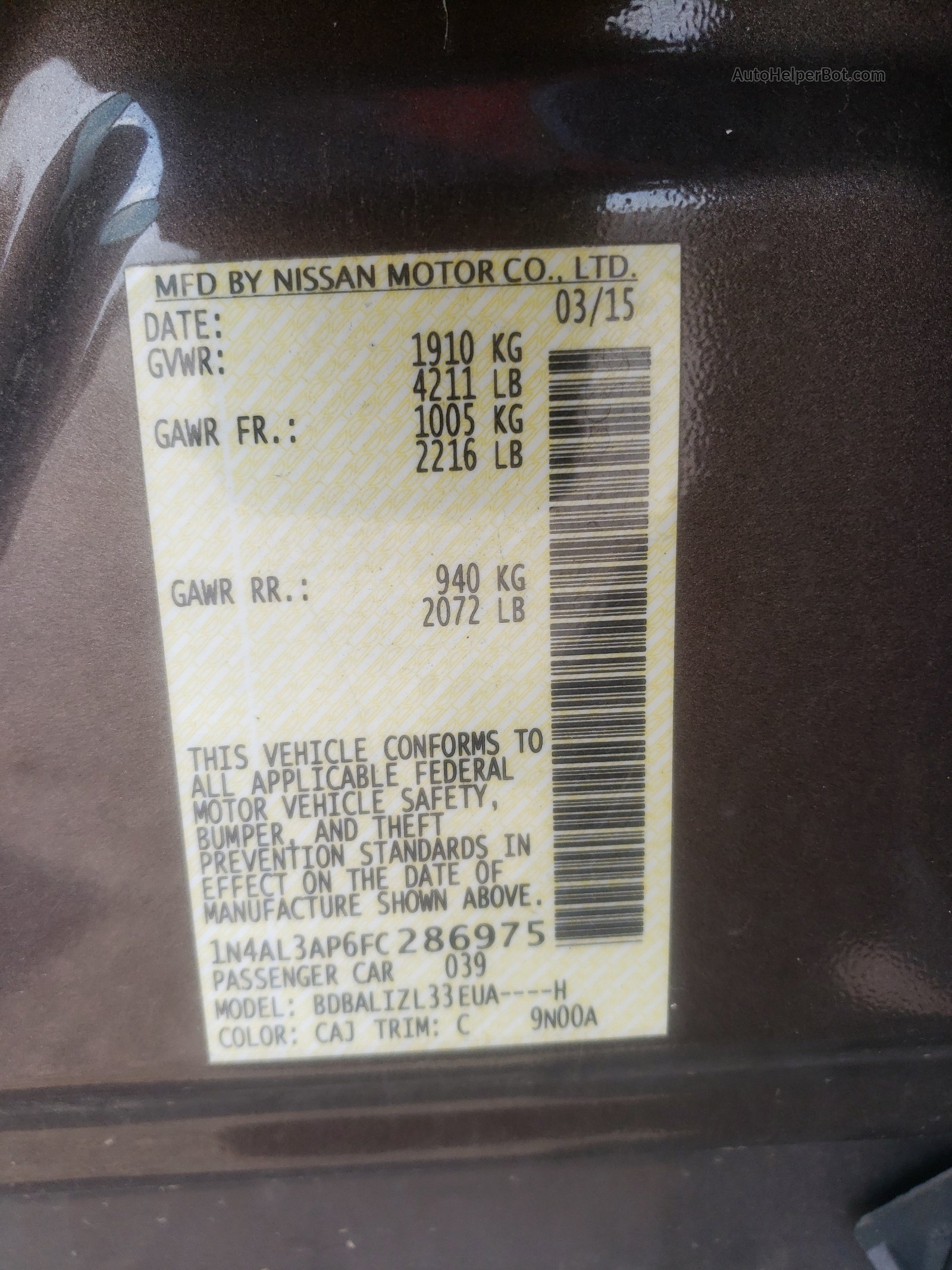 2015 Nissan Altima 2.5 Tan vin: 1N4AL3AP6FC286975