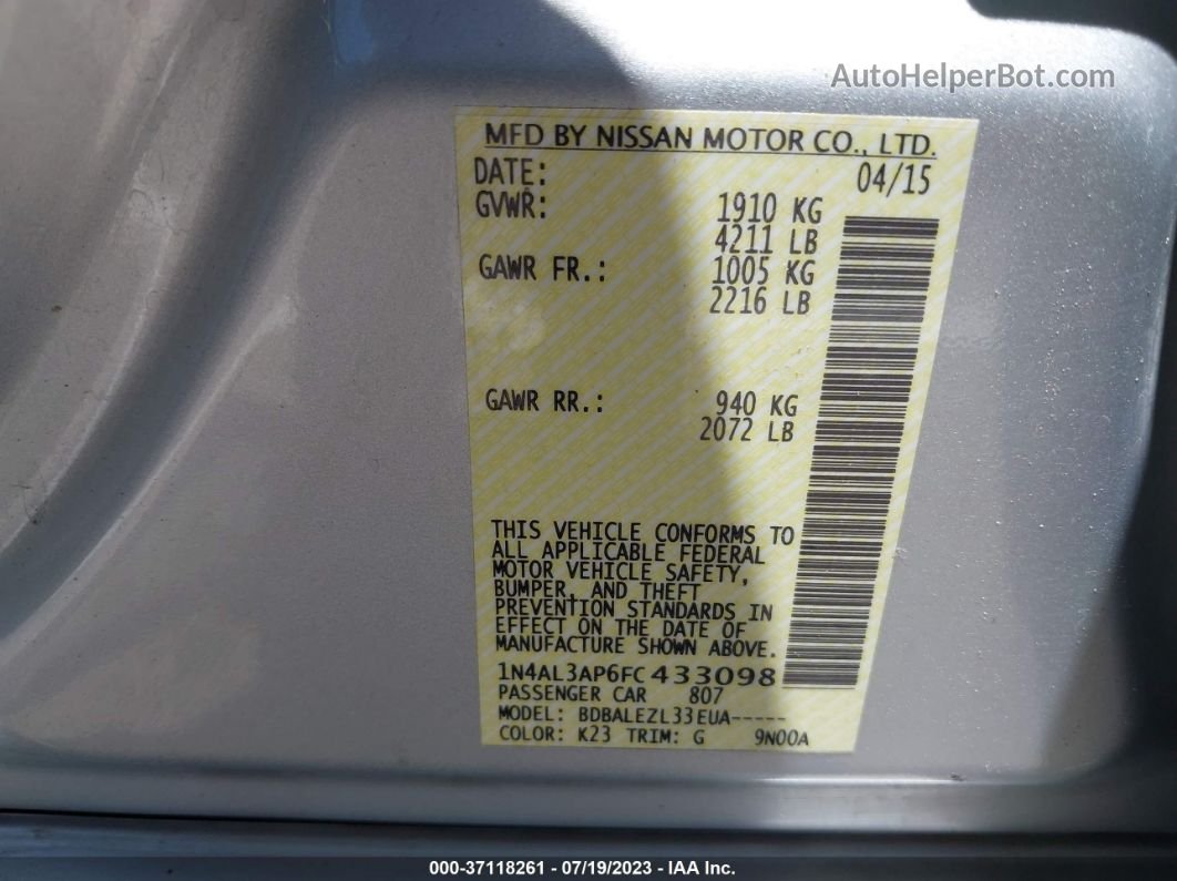 2015 Nissan Altima 2.5 Silver vin: 1N4AL3AP6FC433098