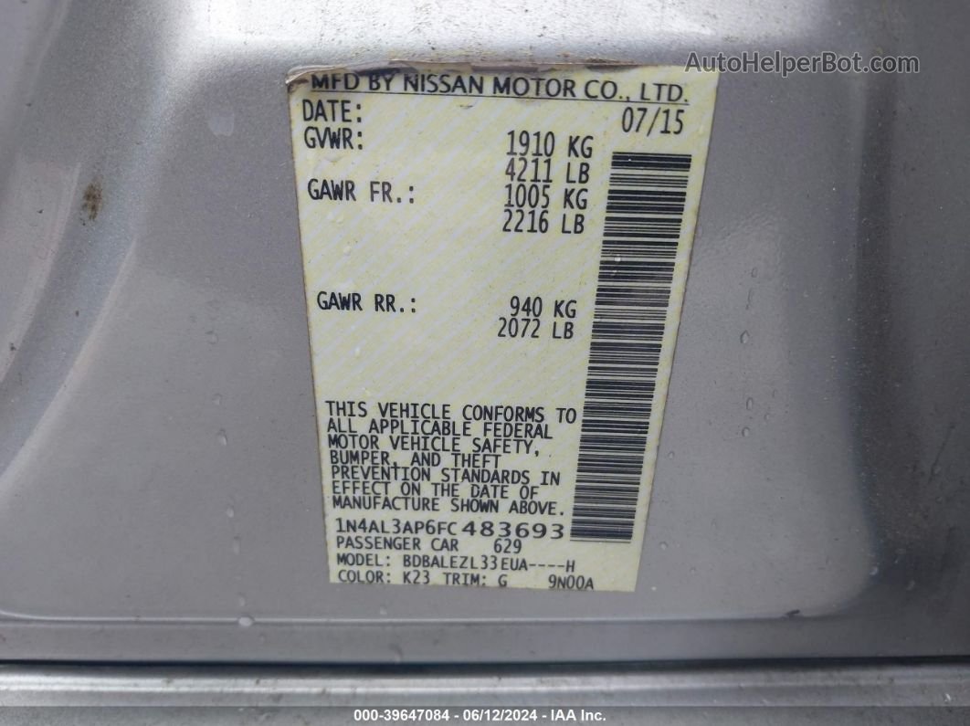 2015 Nissan Altima 2.5 S Gray vin: 1N4AL3AP6FC483693