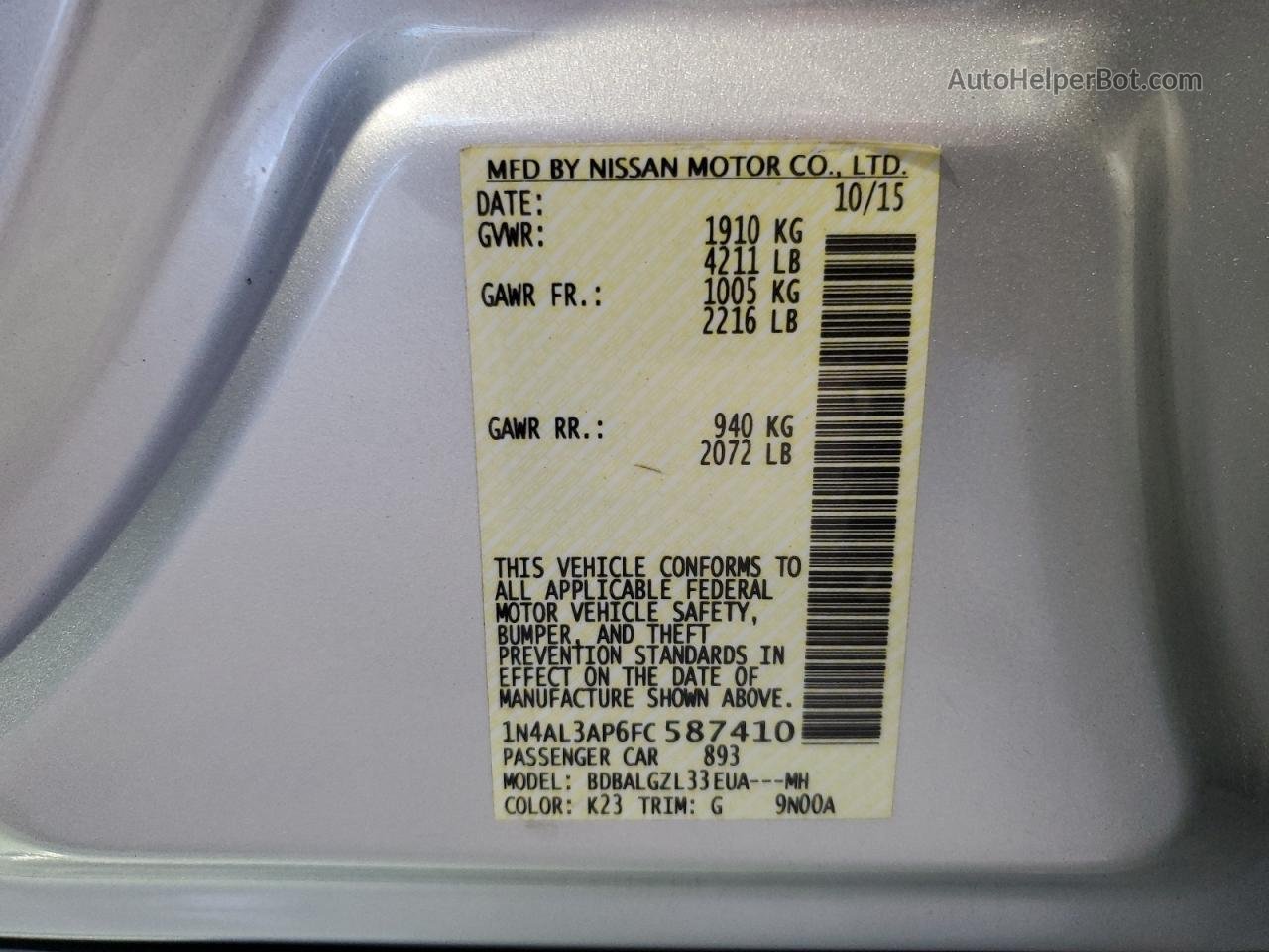 2015 Nissan Altima 2.5 Silver vin: 1N4AL3AP6FC587410