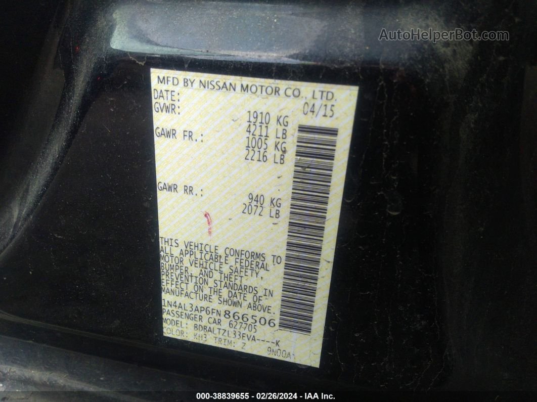 2015 Nissan Altima 2.5 Sl Черный vin: 1N4AL3AP6FN866506
