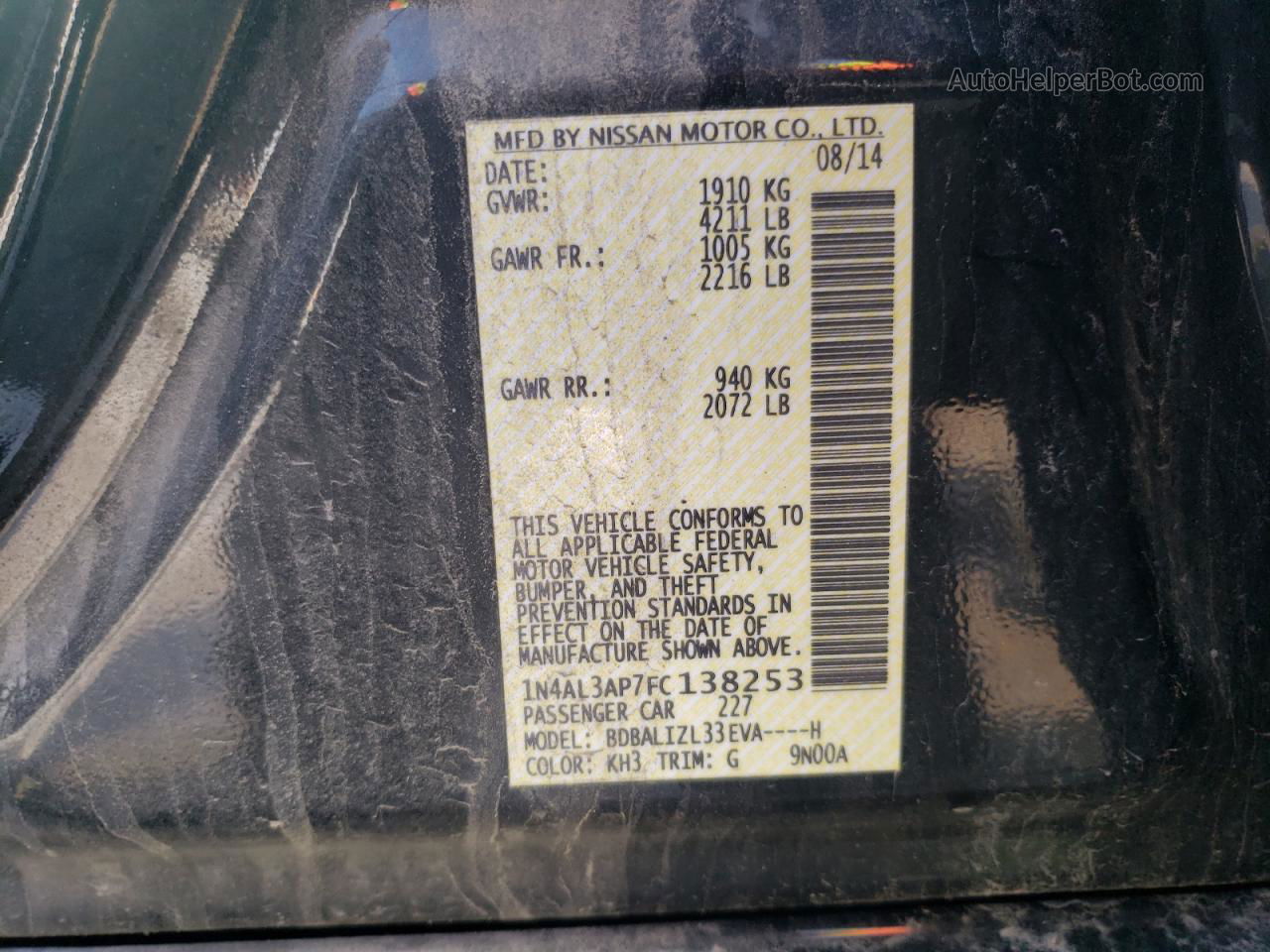 2015 Nissan Altima 2.5 Black vin: 1N4AL3AP7FC138253