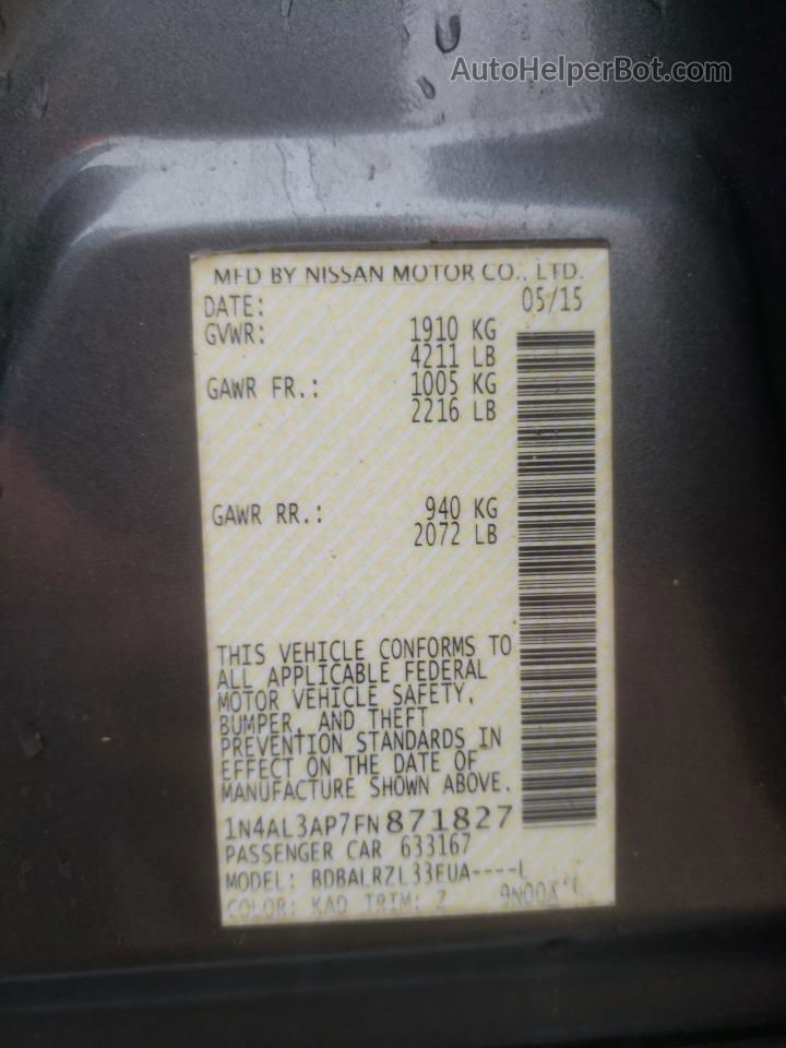 2015 Nissan Altima 2.5 Gray vin: 1N4AL3AP7FN871827