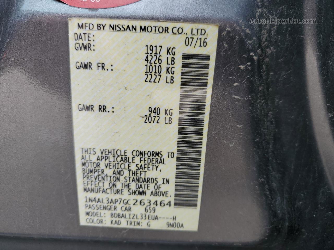 2016 Nissan Altima 2.5 Gray vin: 1N4AL3AP7GC263464