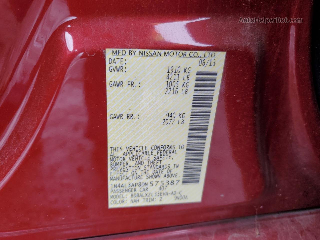 2013 Nissan Altima 2.5 Красный vin: 1N4AL3AP8DN575387